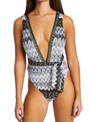 RIVER ISLAND Crochet Foil Plunge One-Piece Swimsuit