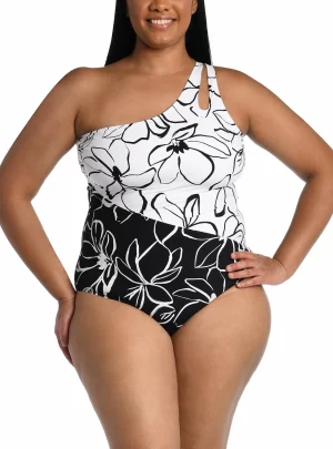 La Blanca Plus Size Printed Colorblocked One-Shoulder Tummy Control One-Piece Swimsuit