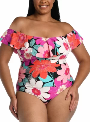 Plus Size Printed Off-The-Shoulder Ruffled One-Piece Swimsuit