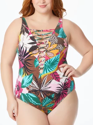 Plus Size Run Wild Printed Lace-Up One-Piece Swimsuit