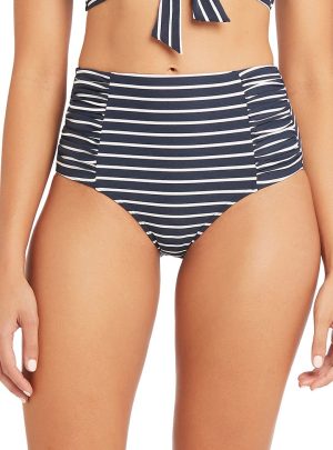 Stripe High Waist Gathered Side Bikini Bottoms